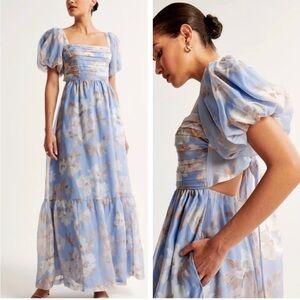 ABERCROMBIE Emerson Floral Puff Sleeve Maxi Dress Size XS blue tan coquette